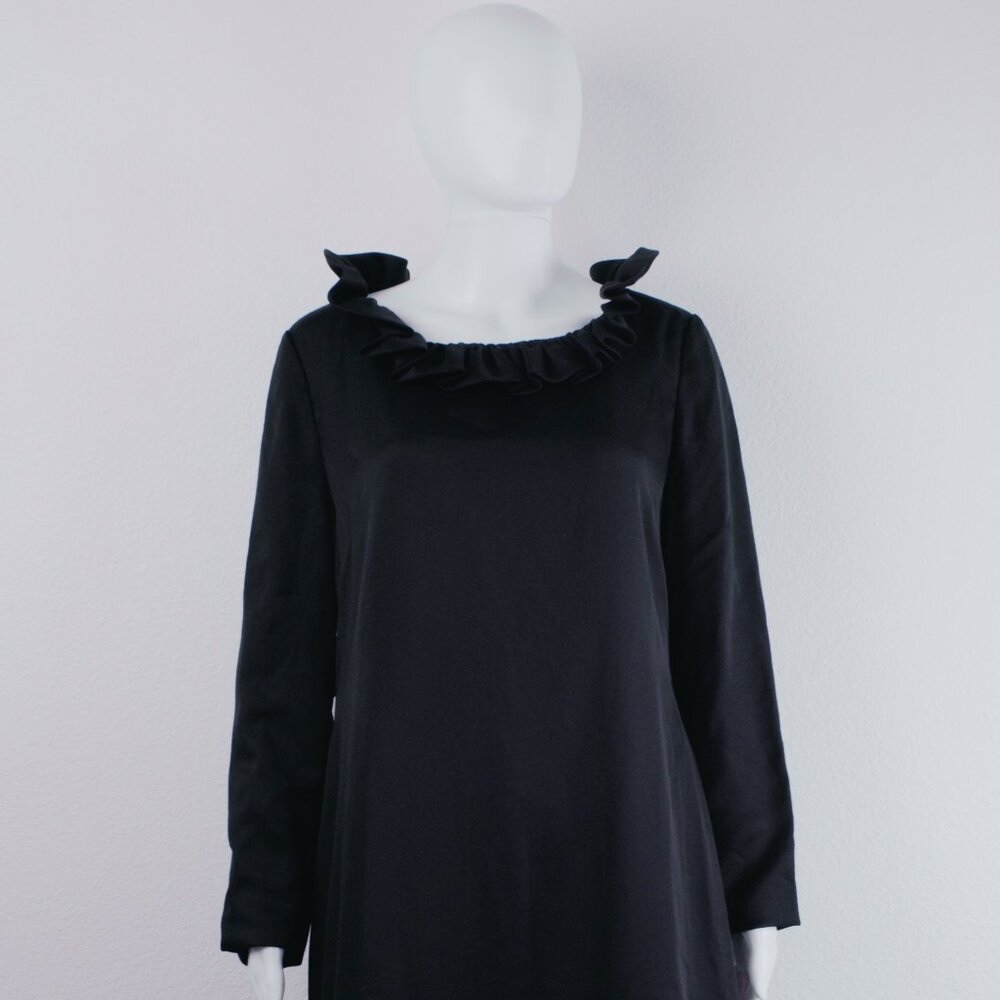 Vtg 60s Adele Simpson Black Silk Tiered Ruffle Long Sleeve Dress Drop Waist NWT